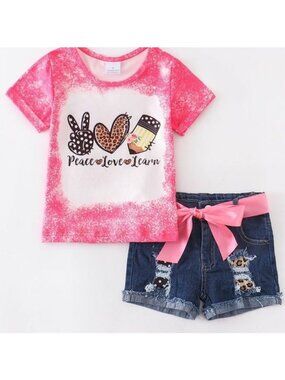 Girls Peace love learn school denim shorts set, size 3 (small)